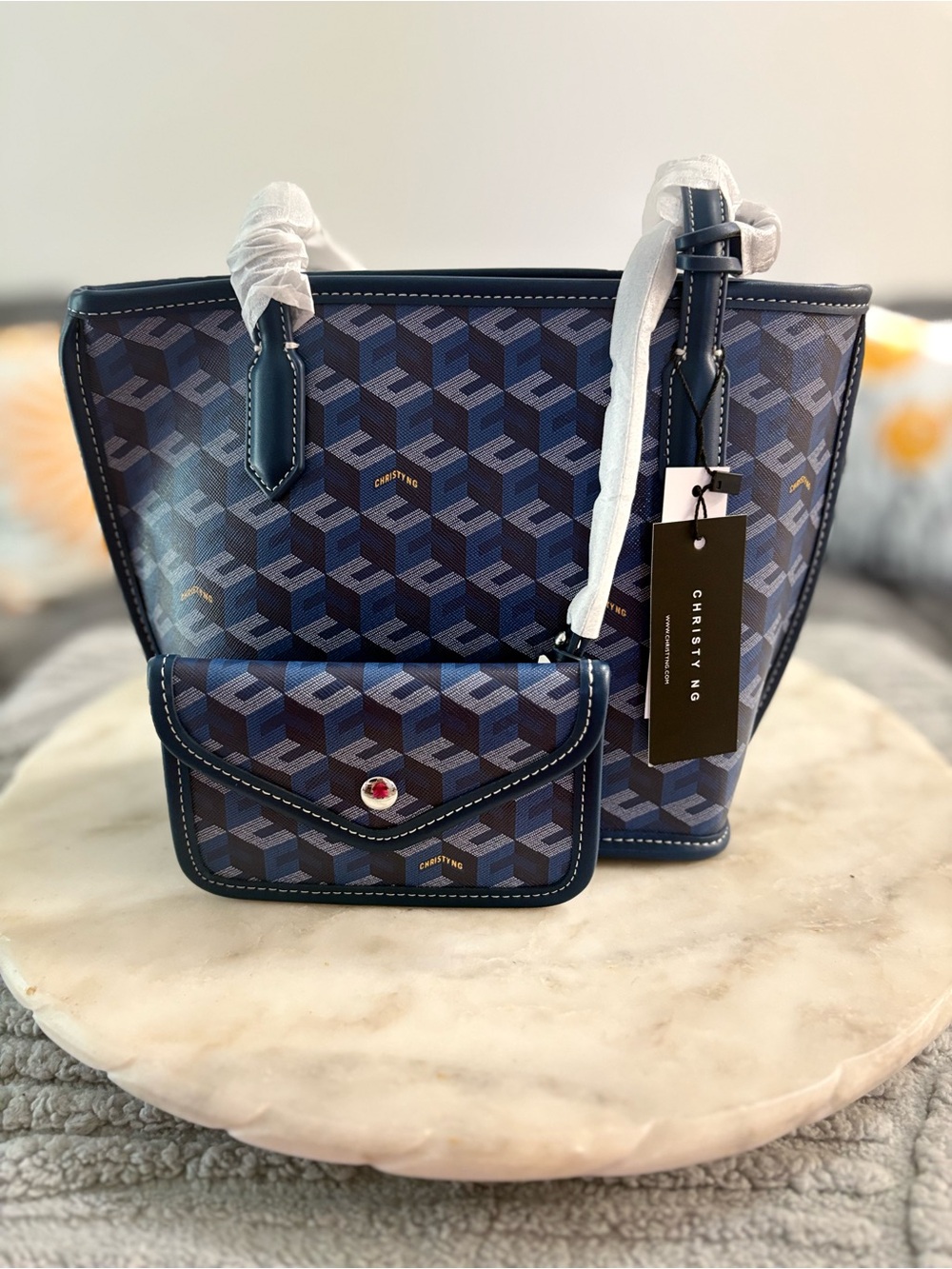 Christy Blue Geometric Tote with Matching Pouch